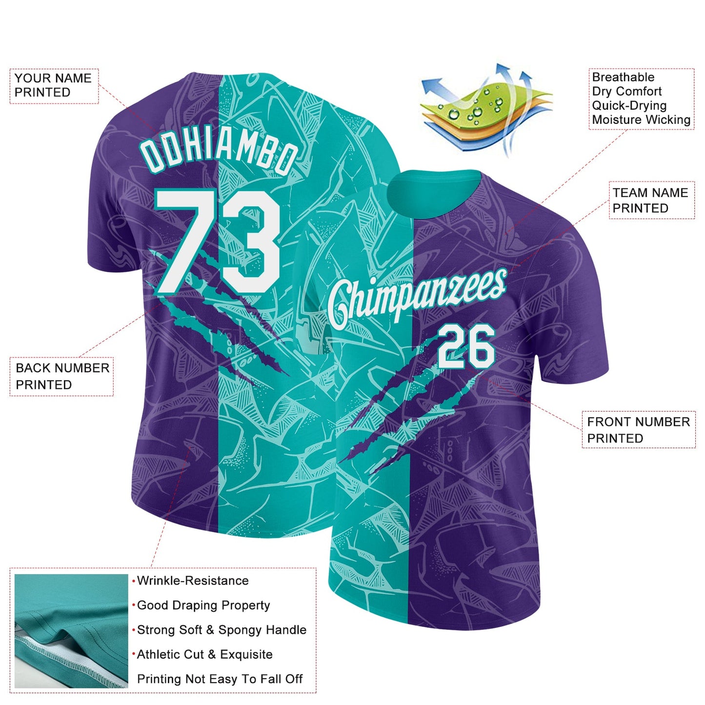 Custom Graffiti Pattern White Purple-Aqua Scratch 3D Performance T-Shirt view 2