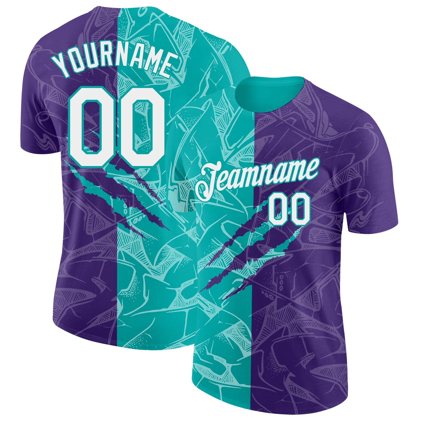 Custom Graffiti Pattern White Purple-Aqua Scratch 3D Performance T-Shirt - Main View