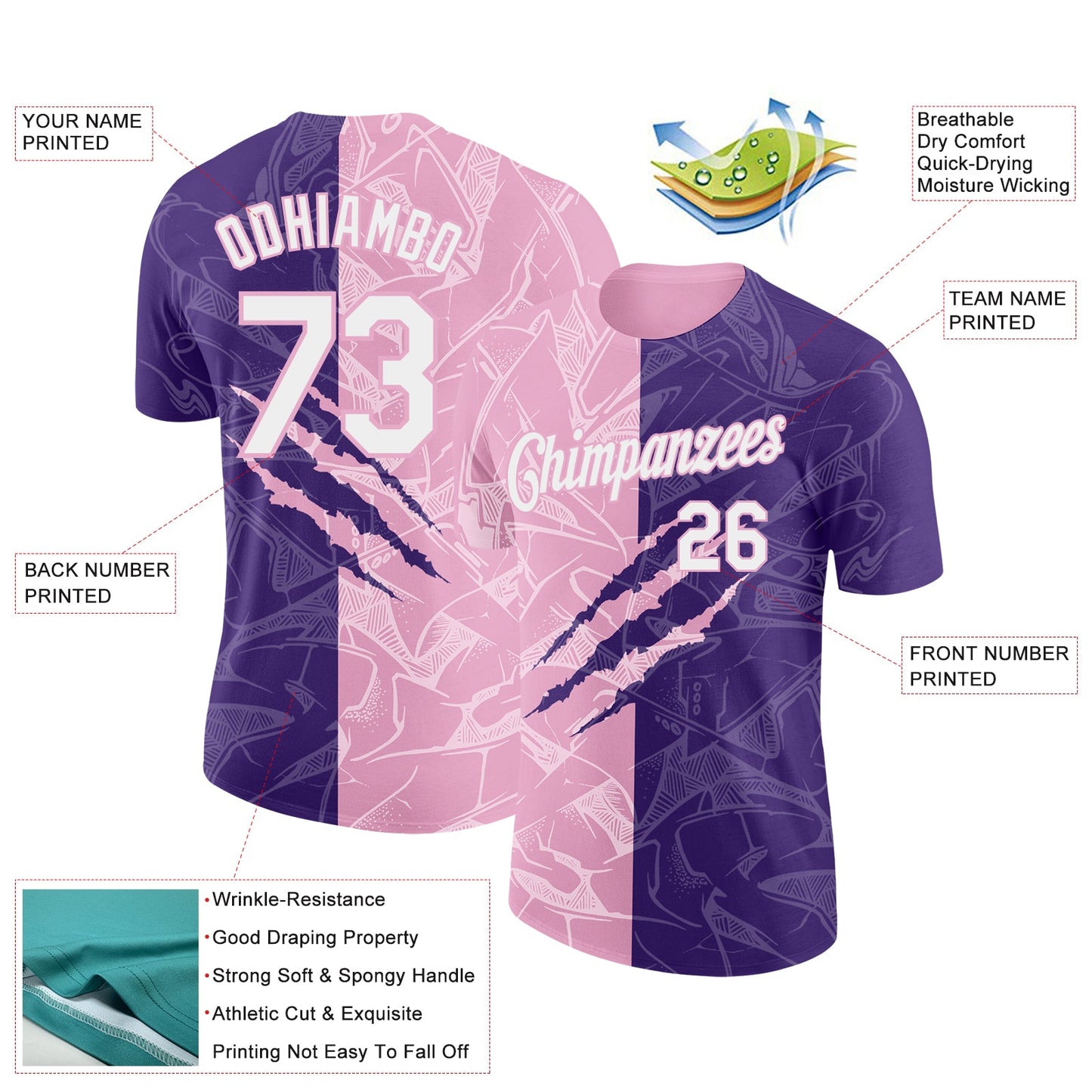 Custom Graffiti Pattern White Purple-Light Pink Scratch 3D Performance T-Shirt view 2