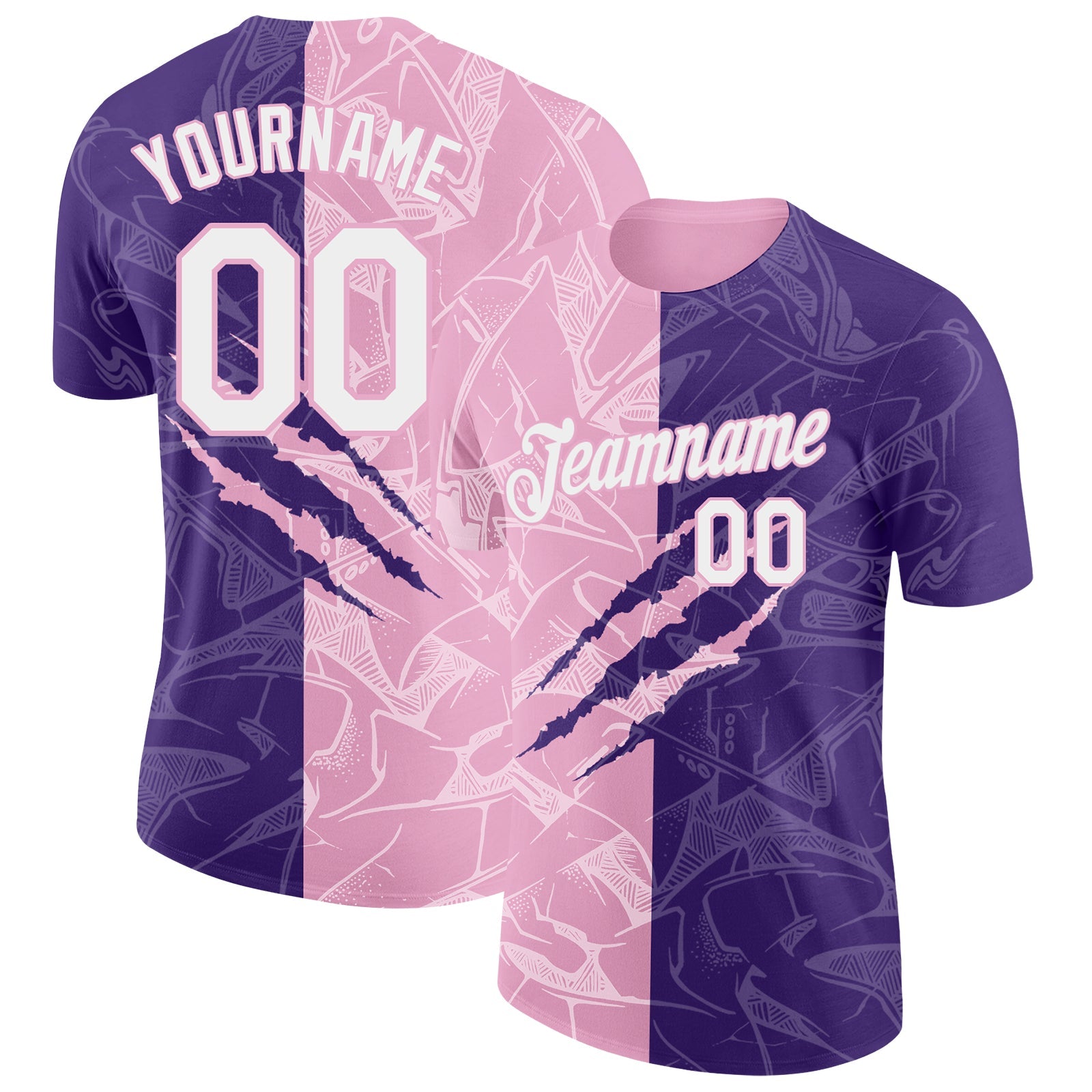 Custom Graffiti Pattern White Purple-Light Pink Scratch 3D Performance T-Shirt - Main View