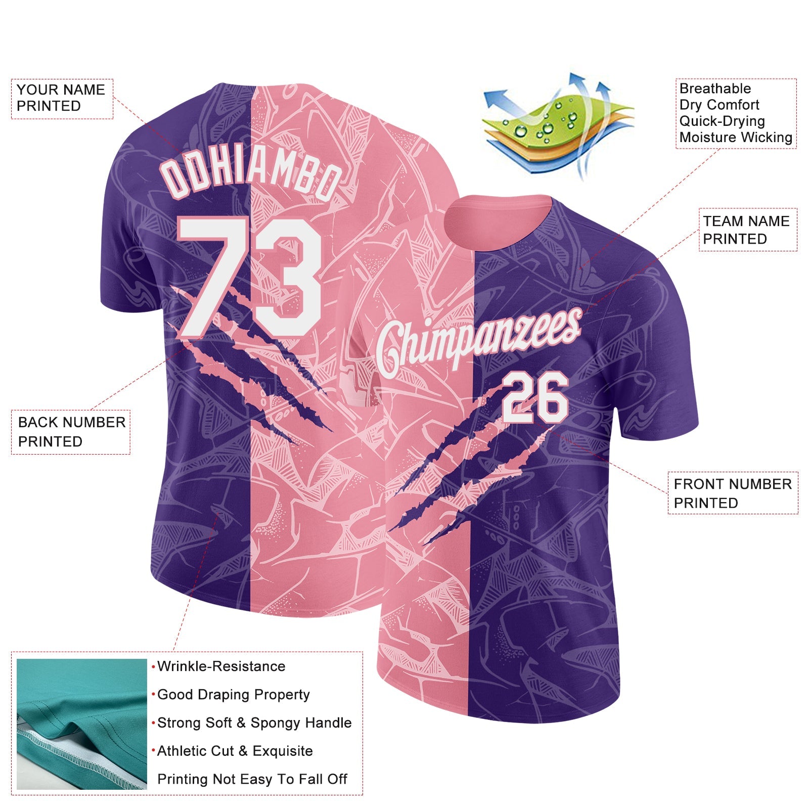 Custom Graffiti Pattern White Purple-Medium Pink Scratch 3D Performance T-Shirt view 2