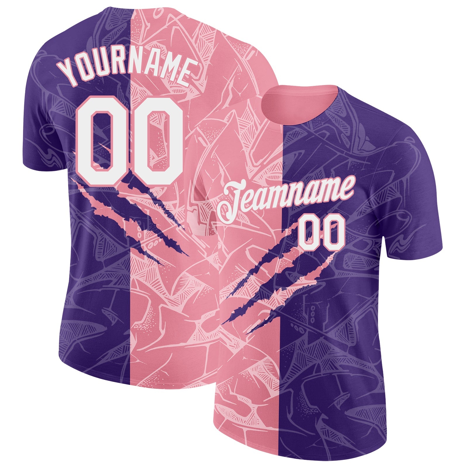 Custom Graffiti Pattern White Purple-Medium Pink Scratch 3D Performance T-Shirt - Main View