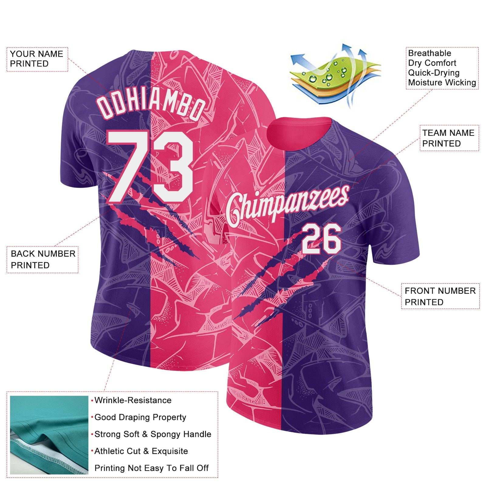 Custom Graffiti Pattern White Purple-Neon Pink Scratch 3D Performance T-Shirt view 2