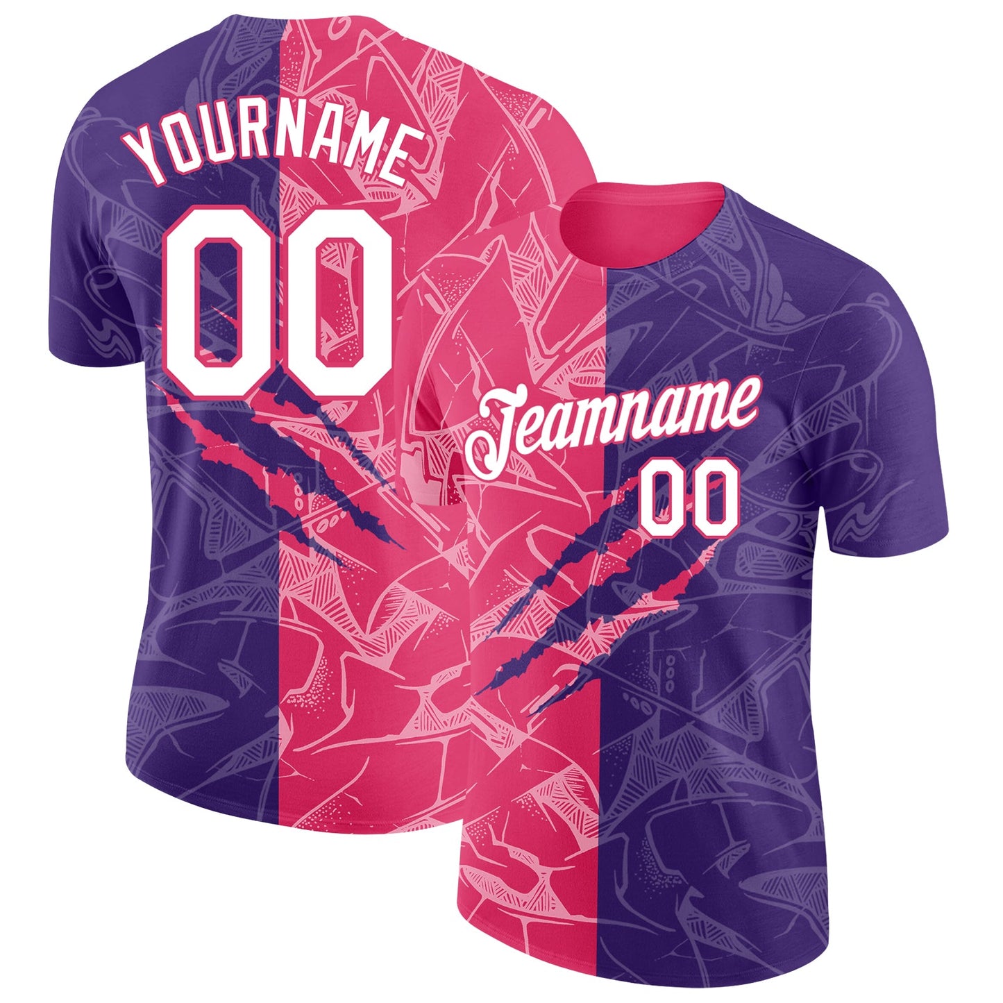 Custom Graffiti Pattern White Purple-Neon Pink Scratch 3D Performance T-Shirt - Main View