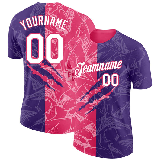 Custom Graffiti Pattern White Purple-Neon Pink Scratch 3D Performance T-Shirt - Main View