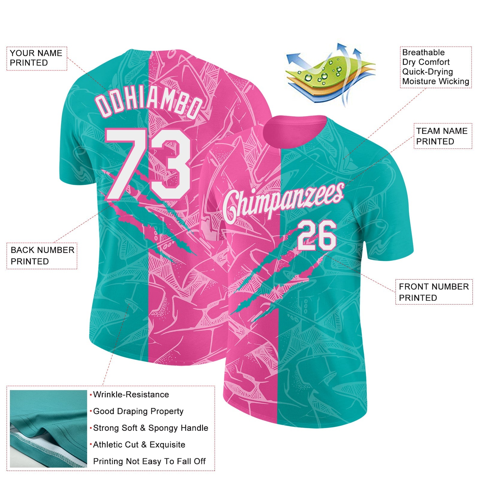 Custom Graffiti Pattern White Aqua-Pink Scratch 3D Performance T-Shirt view 2