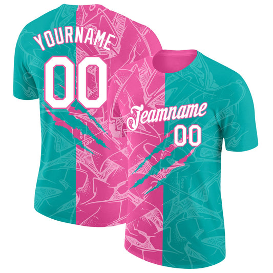 Custom Graffiti Pattern White Aqua-Pink Scratch 3D Performance T-Shirt - Main View