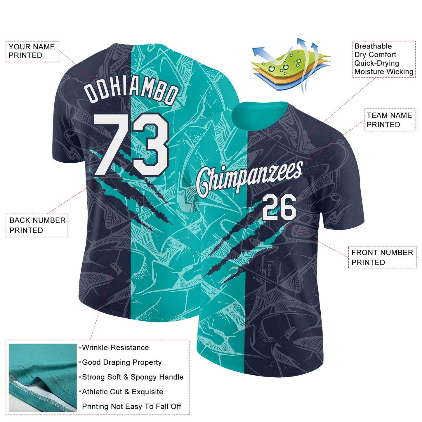 Custom Graffiti Pattern White Navy-Aqua Scratch 3D Performance T-Shirt view 2