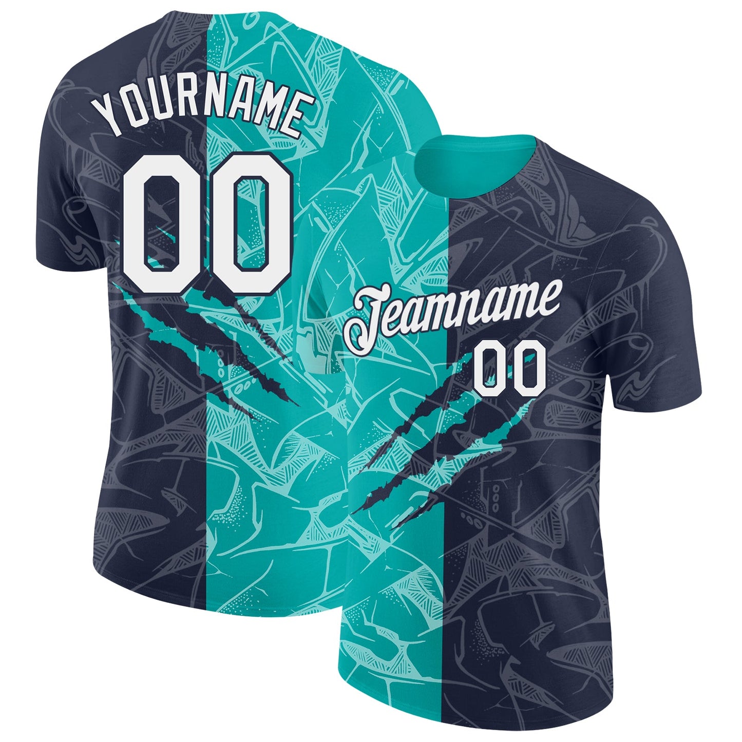 Custom Graffiti Pattern White Navy-Aqua Scratch 3D Performance T-Shirt - Main View