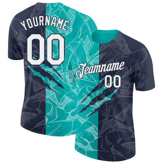Custom Graffiti Pattern White Navy-Aqua Scratch 3D Performance T-Shirt - Main View