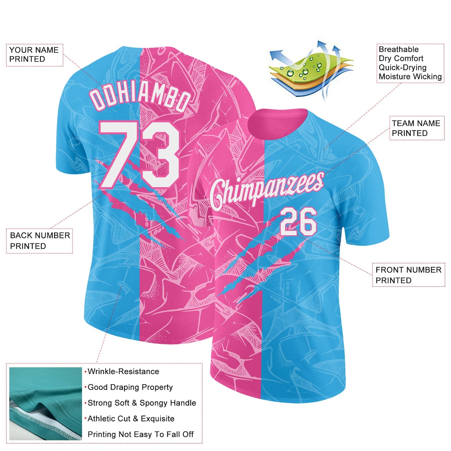 Custom Graffiti Pattern White Sky Blue-Pink Scratch 3D Performance T-Shirt view 2