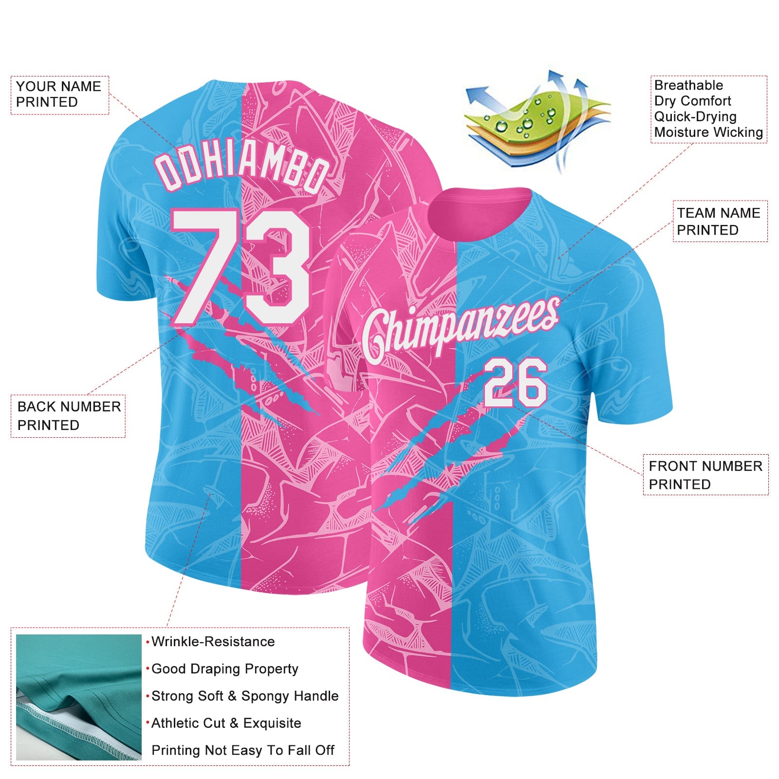 Custom Graffiti Pattern White Sky Blue-Pink Scratch 3D Performance T-Shirt view 2