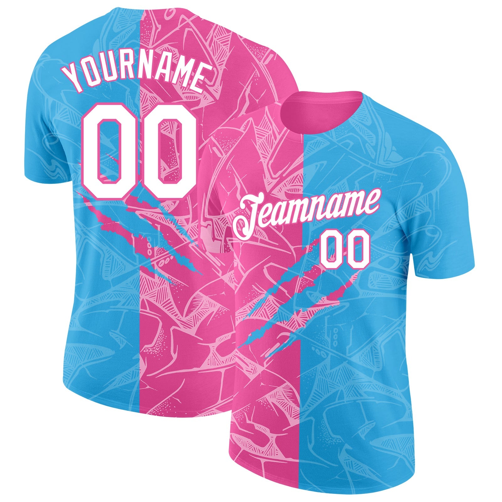 Custom Graffiti Pattern White Sky Blue-Pink Scratch 3D Performance T-Shirt - Main View