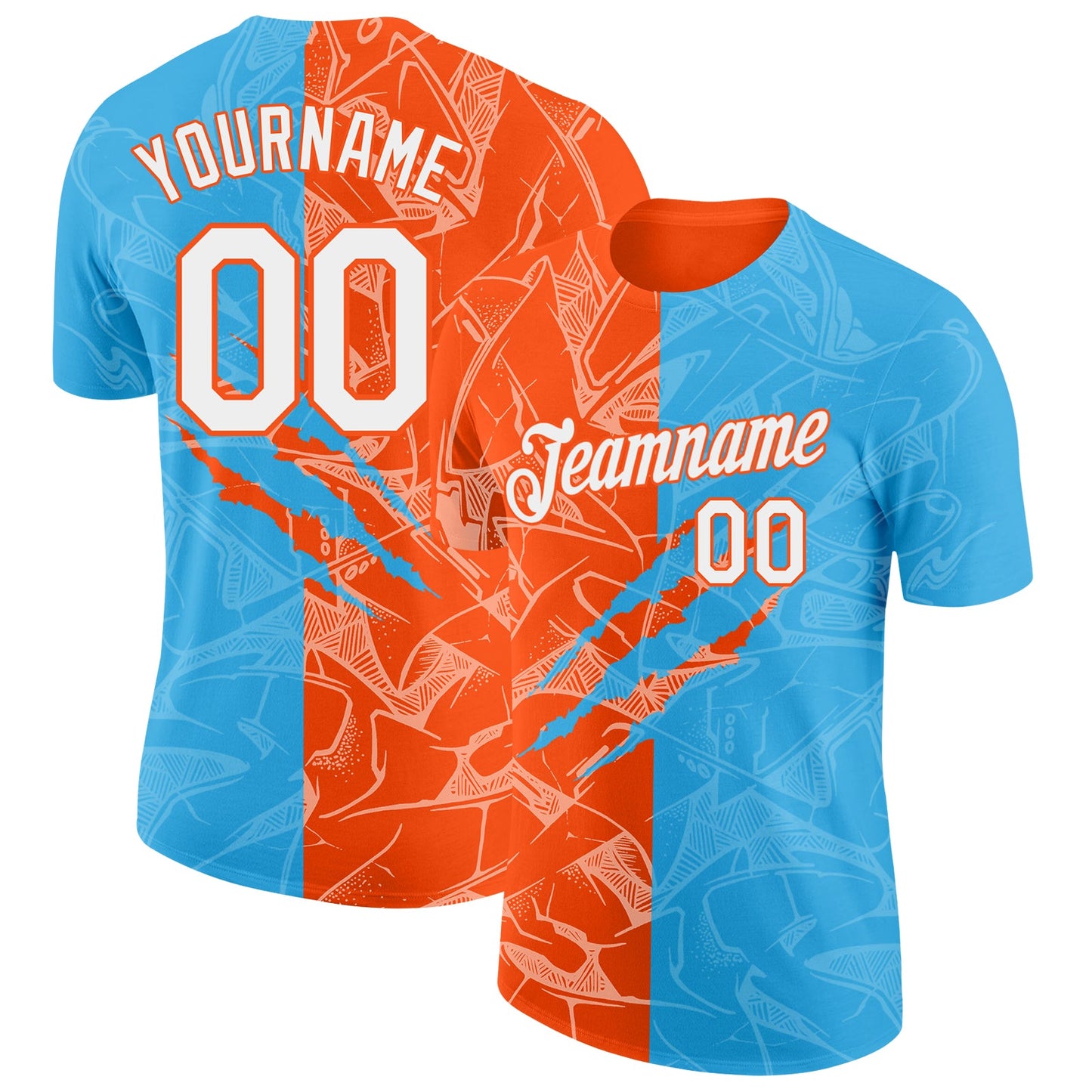 Custom Graffiti Pattern White Sky Blue-Orange Scratch 3D Performance T-Shirt - Main View