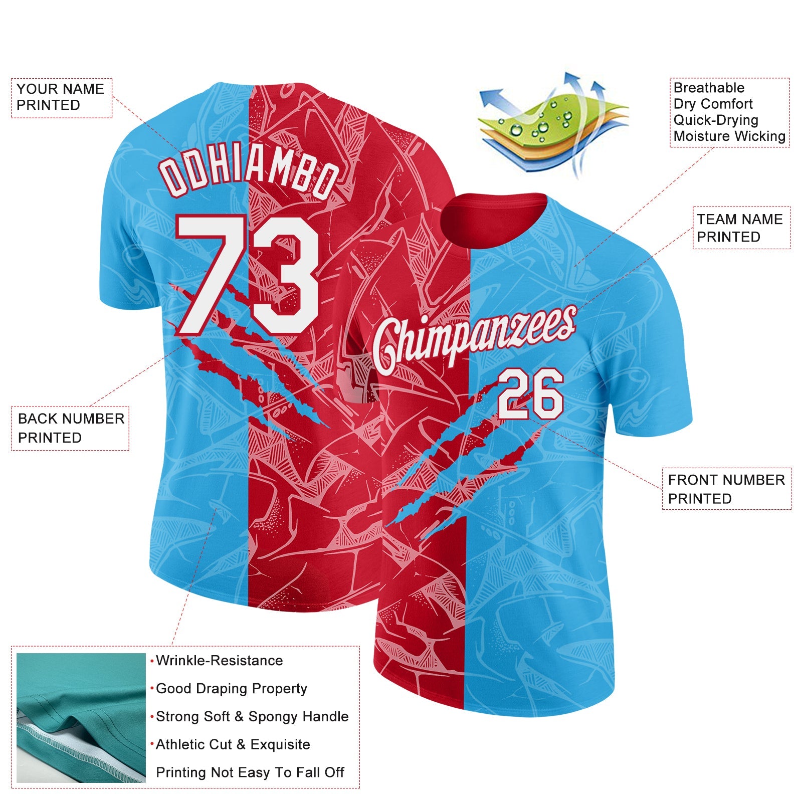 Custom Graffiti Pattern White Sky Blue-Red Scratch 3D Performance T-Shirt view 2