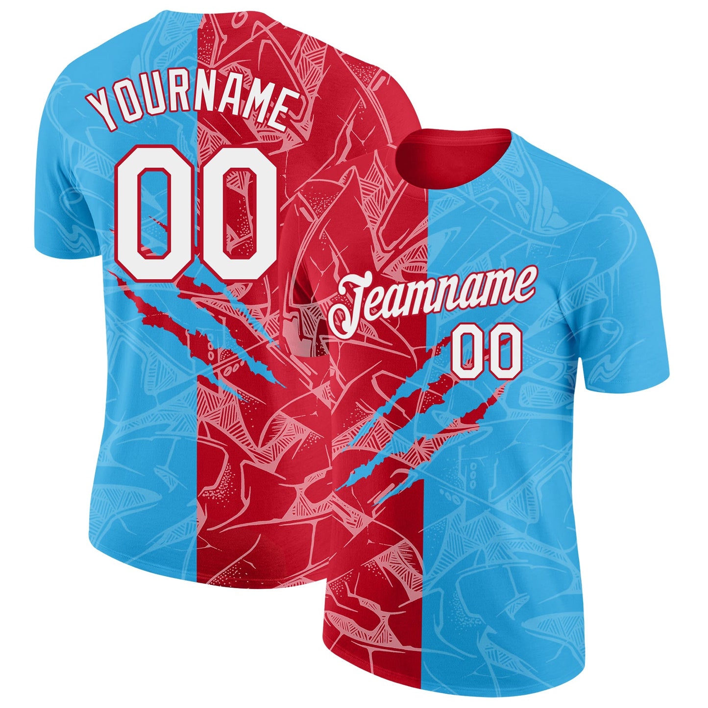 Custom Graffiti Pattern White Sky Blue-Red Scratch 3D Performance T-Shirt - Main View