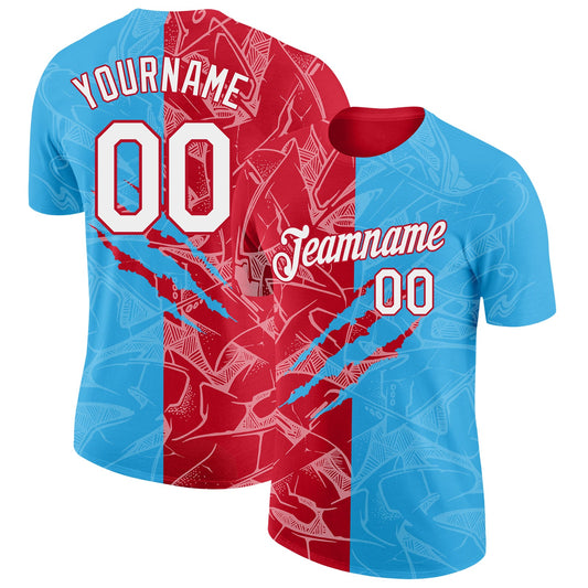 Custom Graffiti Pattern White Sky Blue-Red Scratch 3D Performance T-Shirt - Main View