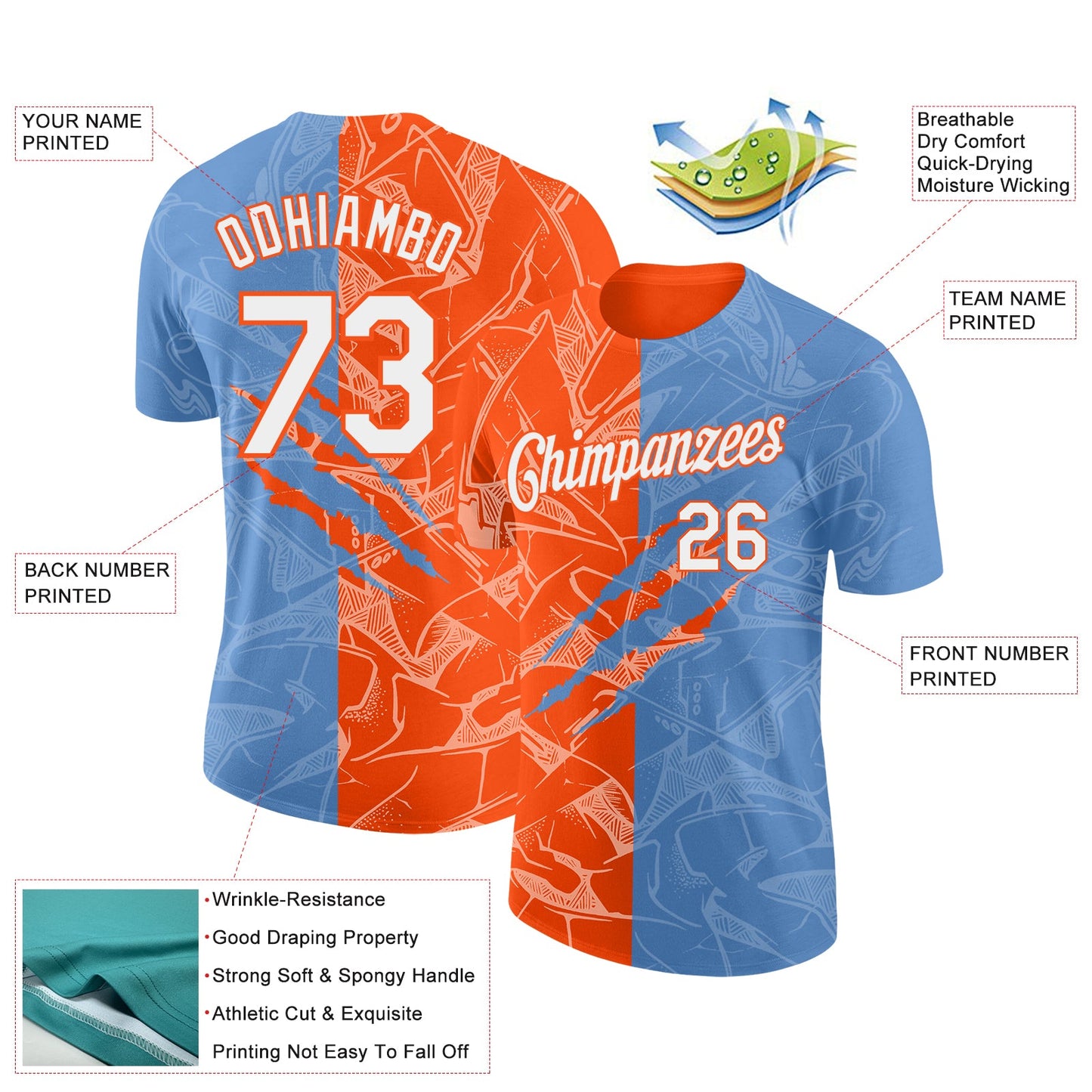 Custom Graffiti Pattern White Light Blue-Orange Scratch 3D Performance T-Shirt view 2