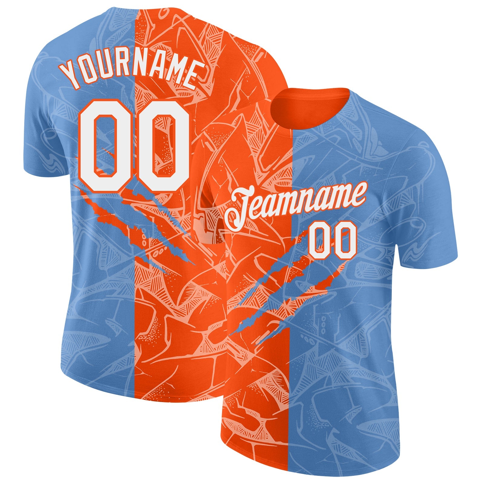 Custom Graffiti Pattern White Light Blue-Orange Scratch 3D Performance T-Shirt - Main View