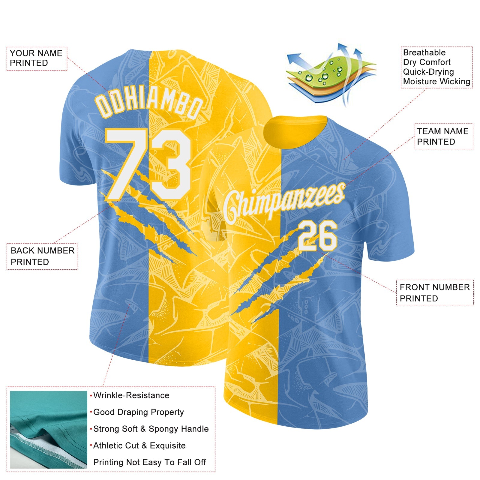Custom Graffiti Pattern White Light Blue-Yellow Scratch 3D Performance T-Shirt view 2