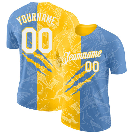 Custom Graffiti Pattern White Light Blue-Yellow Scratch 3D Performance T-Shirt - Main View