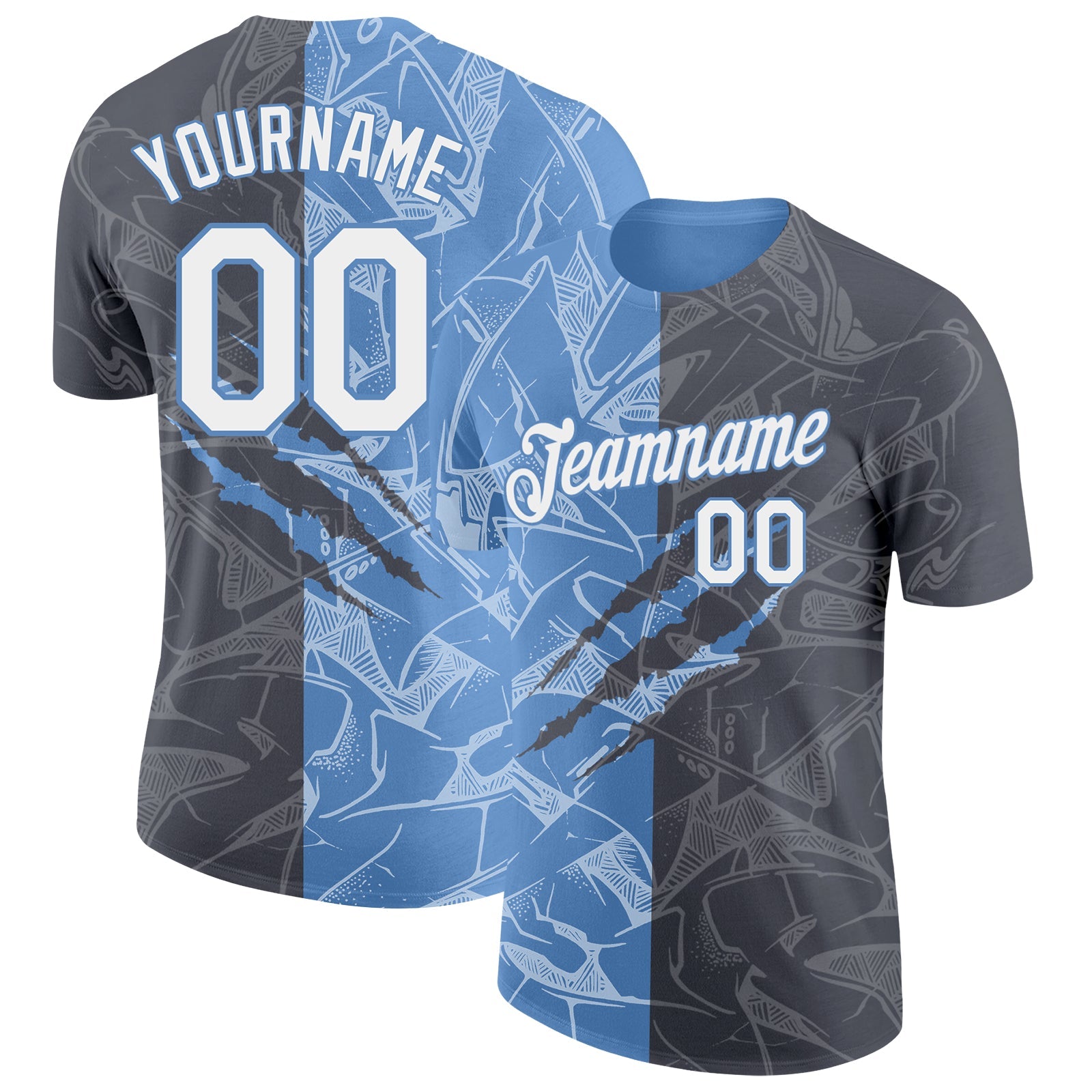 Custom Graffiti Pattern White Steel Gray-Light Blue Scratch 3D Performance T-Shirt - Main View