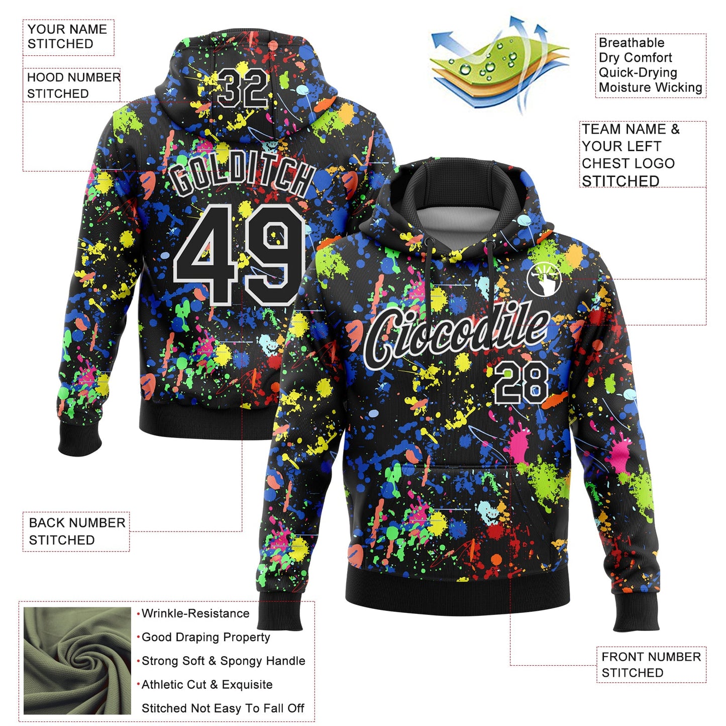 Custom Stitched Graffiti Pattern Black-White 3D Splash Grunge Art Sports Pullover Sweatshirt Hoodie view 2