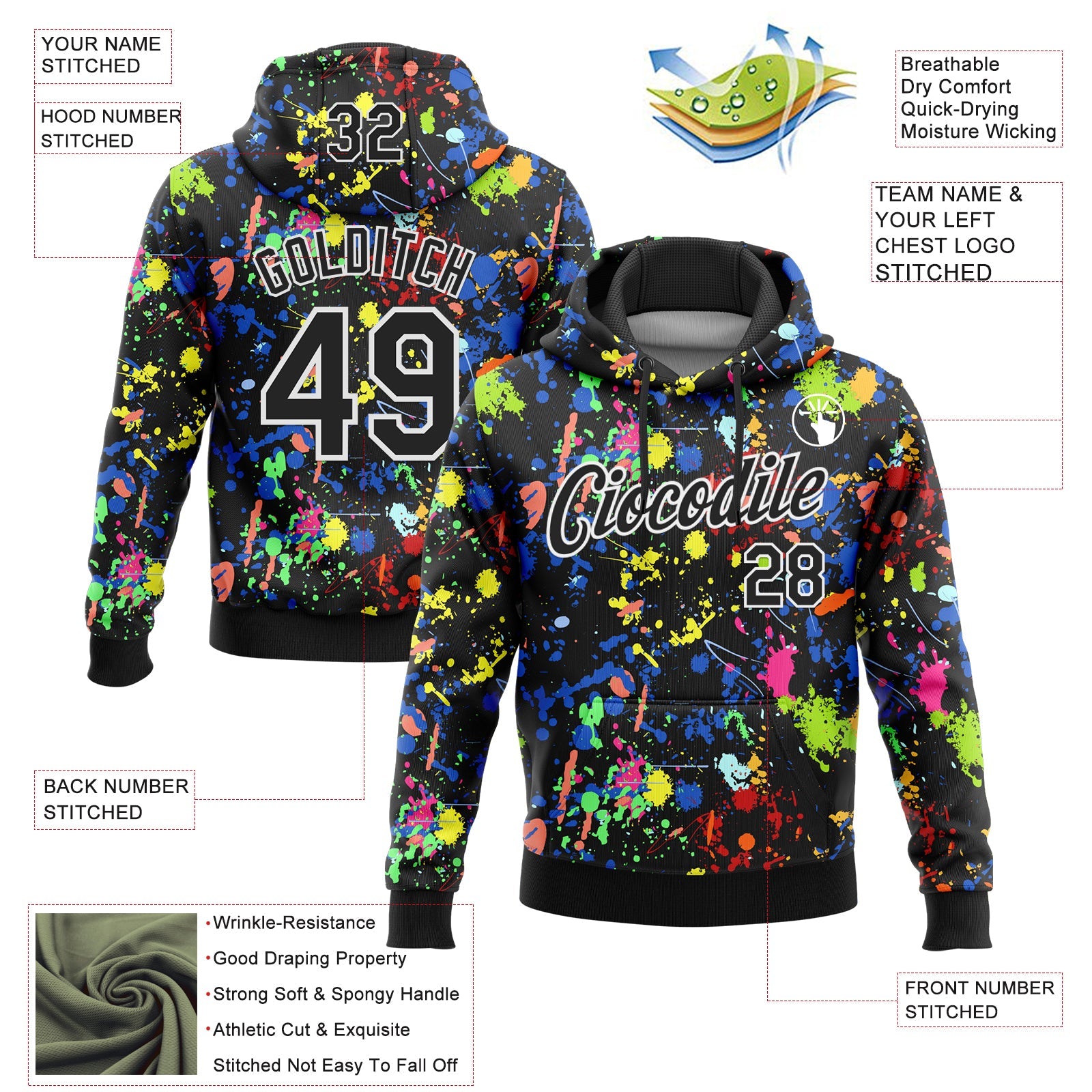 Custom Stitched Graffiti Pattern Black-White 3D Splash Grunge Art Sports Pullover Sweatshirt Hoodie view 2