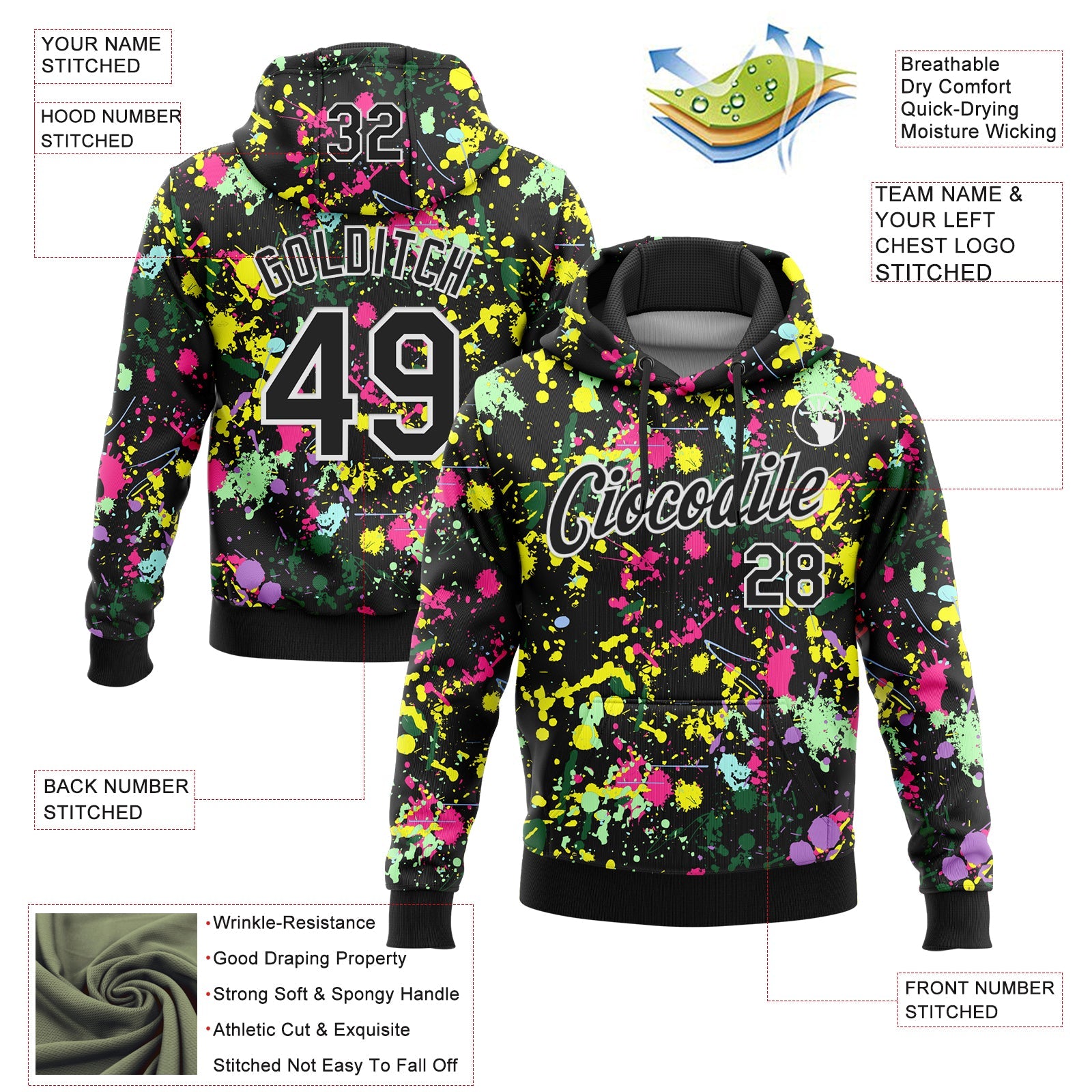 Custom Stitched Graffiti Pattern Black-White 3D Splash Grunge Art Sports Pullover Sweatshirt Hoodie view 2