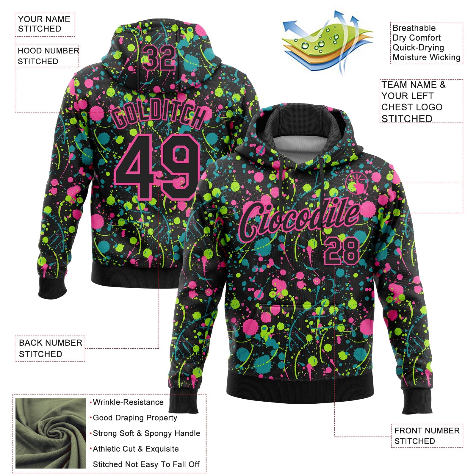 Custom Stitched Graffiti Pattern Black-Pink 3D Splash Grunge Art Sports Pullover Sweatshirt Hoodie view 2