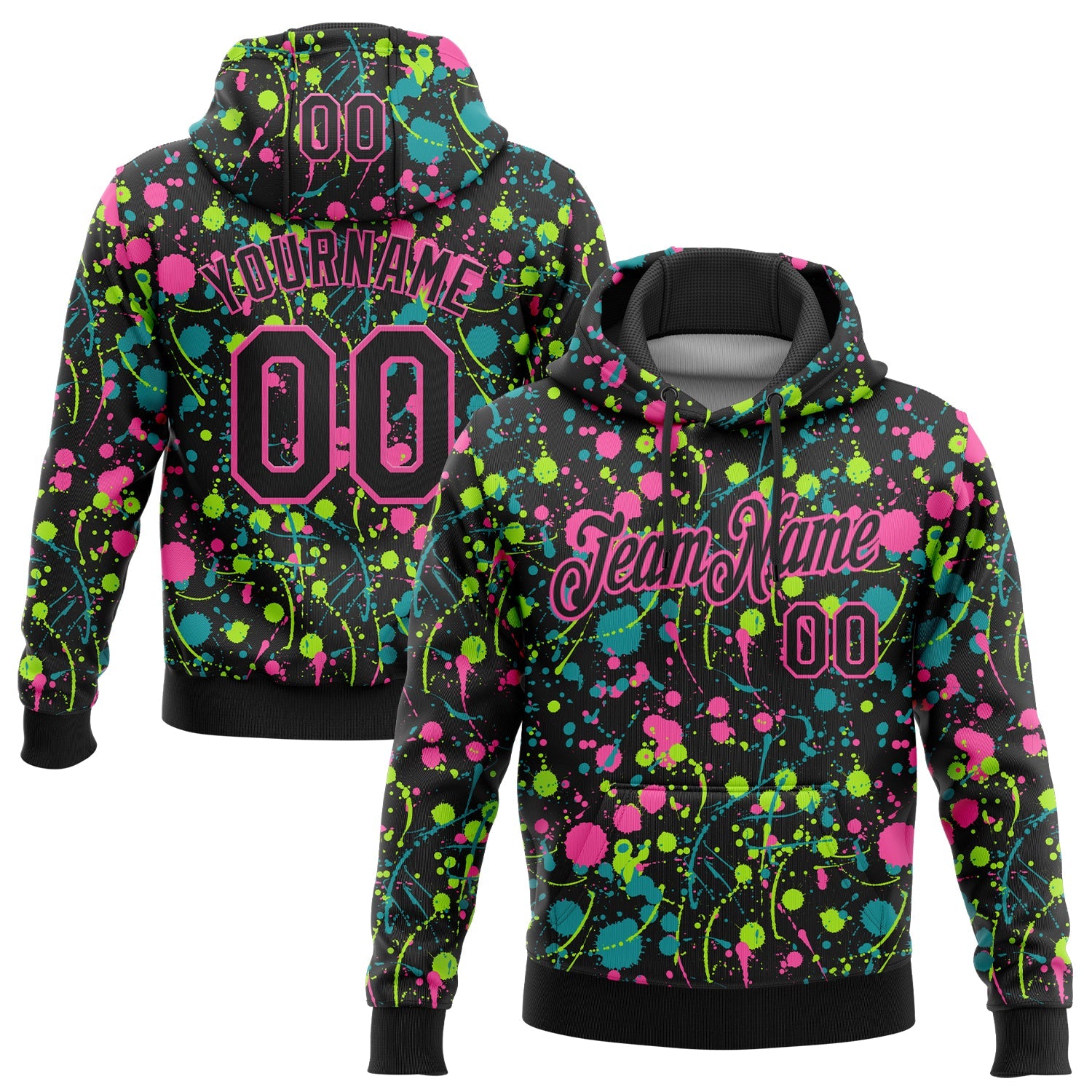 Custom Stitched Graffiti Pattern Black-Pink 3D Splash Grunge Art Sports Pullover Sweatshirt Hoodie - Main View
