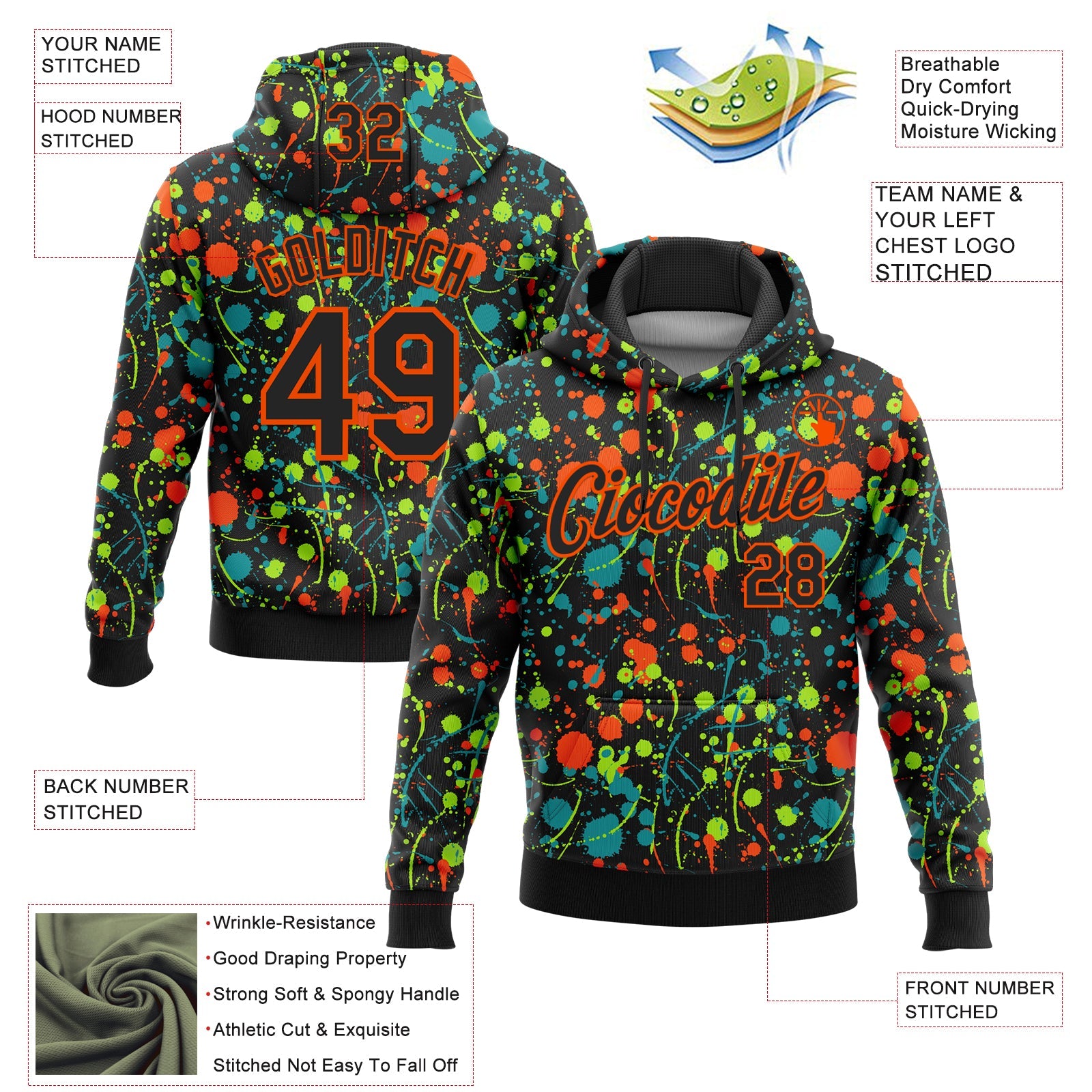Custom Stitched Graffiti Pattern Black-Orange 3D Splash Grunge Art Sports Pullover Sweatshirt Hoodie view 2