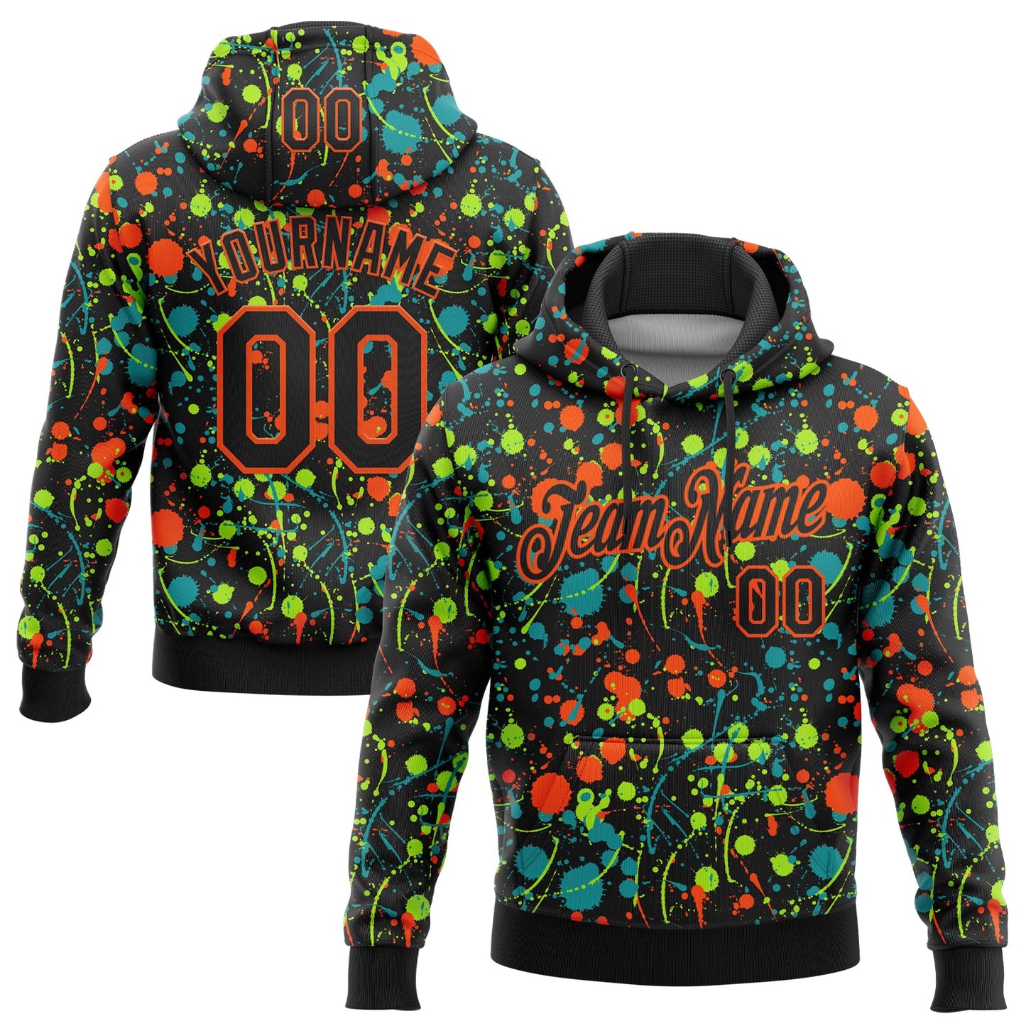 Custom Stitched Graffiti Pattern Black-Orange 3D Splash Grunge Art Sports Pullover Sweatshirt Hoodie - Main View