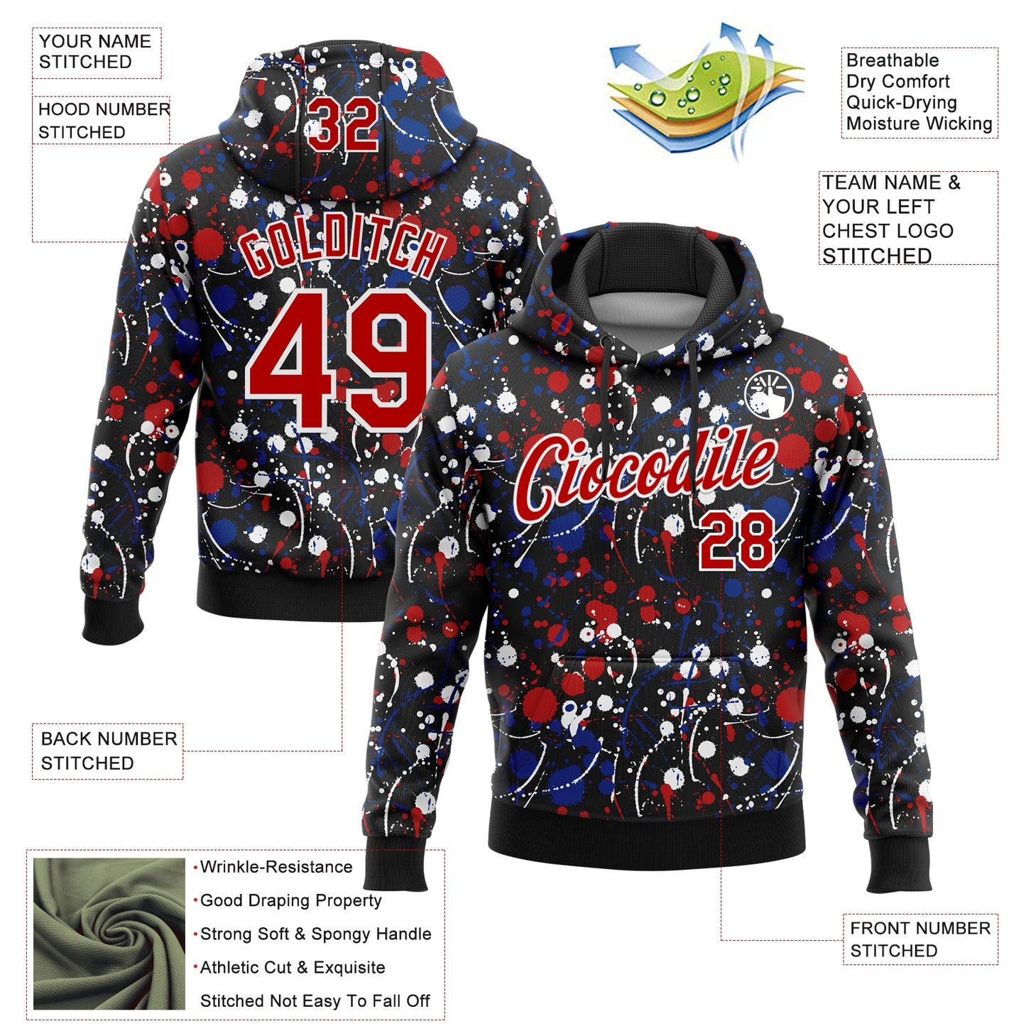 Custom Stitched Graffiti Pattern Red Black-White 3D Splash Grunge Art Sports Pullover Sweatshirt Hoodie view 2