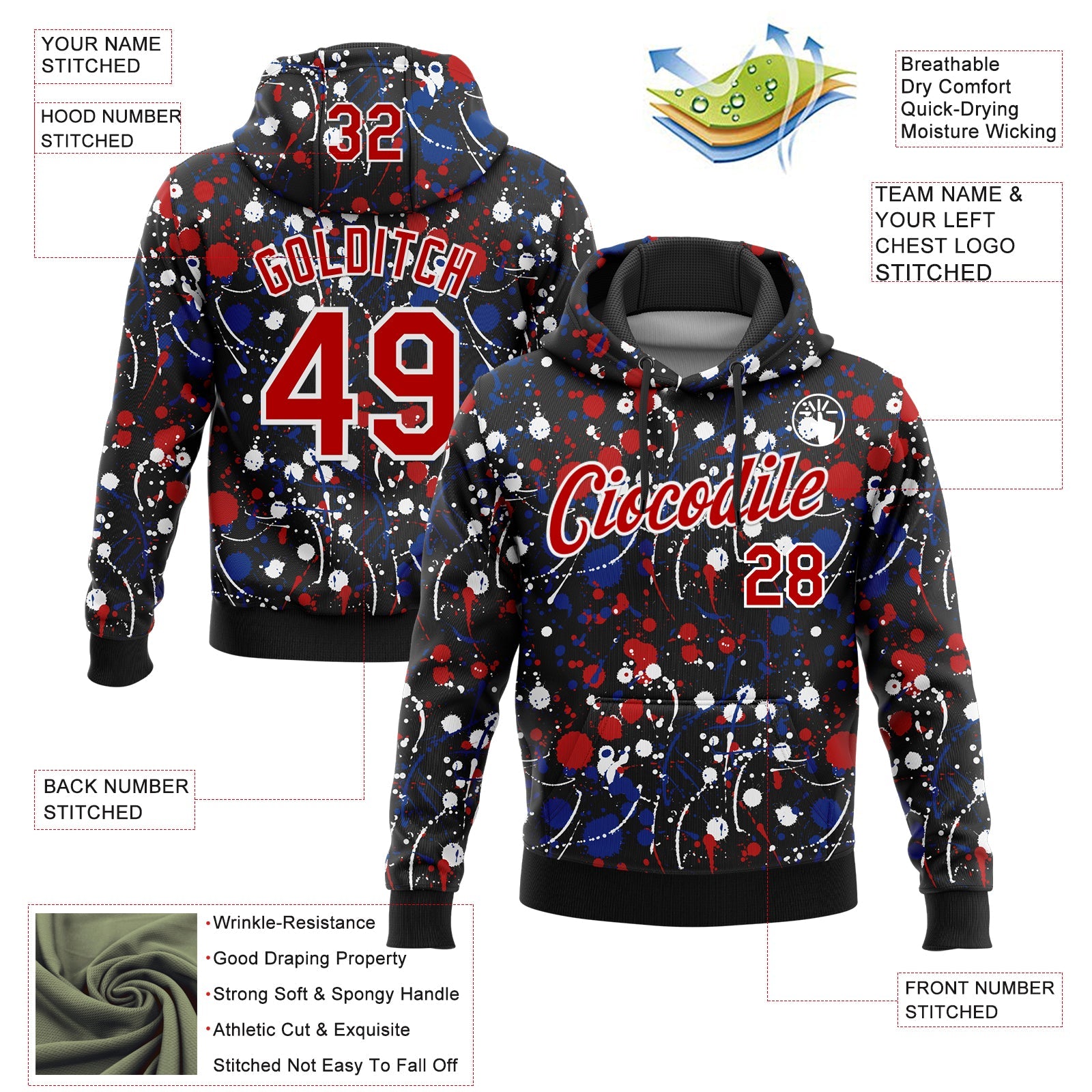 Custom Stitched Graffiti Pattern Red Black-White 3D Splash Grunge Art Sports Pullover Sweatshirt Hoodie view 2