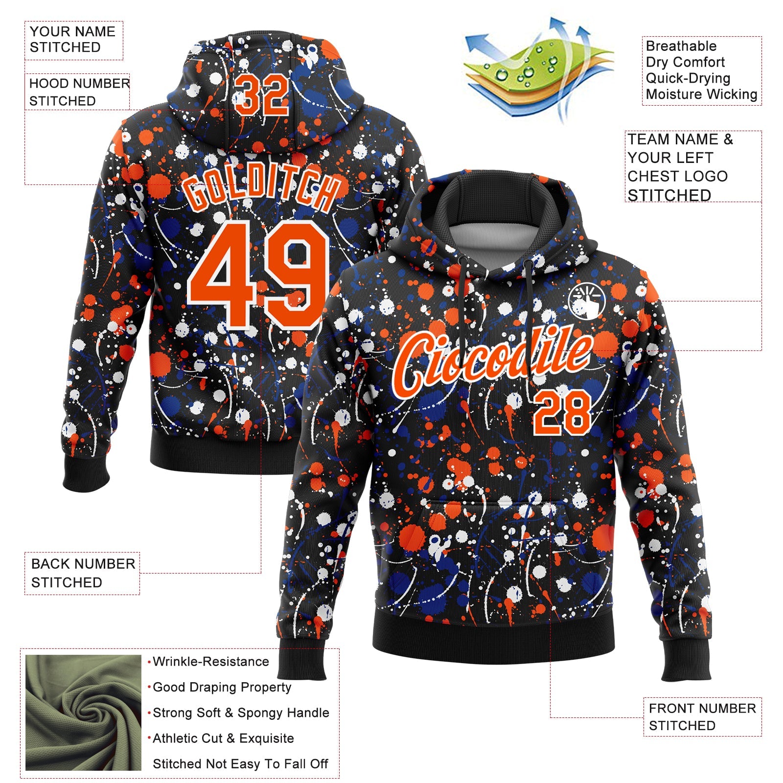 Custom Stitched Graffiti Pattern Orange Black-White 3D Splash Grunge Art Sports Pullover Sweatshirt Hoodie view 2