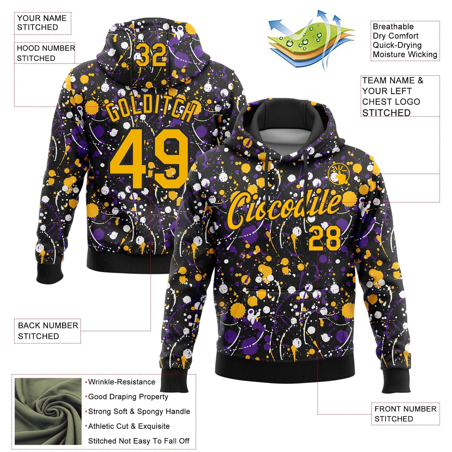 Custom Stitched Graffiti Pattern Gold-Black 3D Splash Grunge Art Sports Pullover Sweatshirt Hoodie view 2