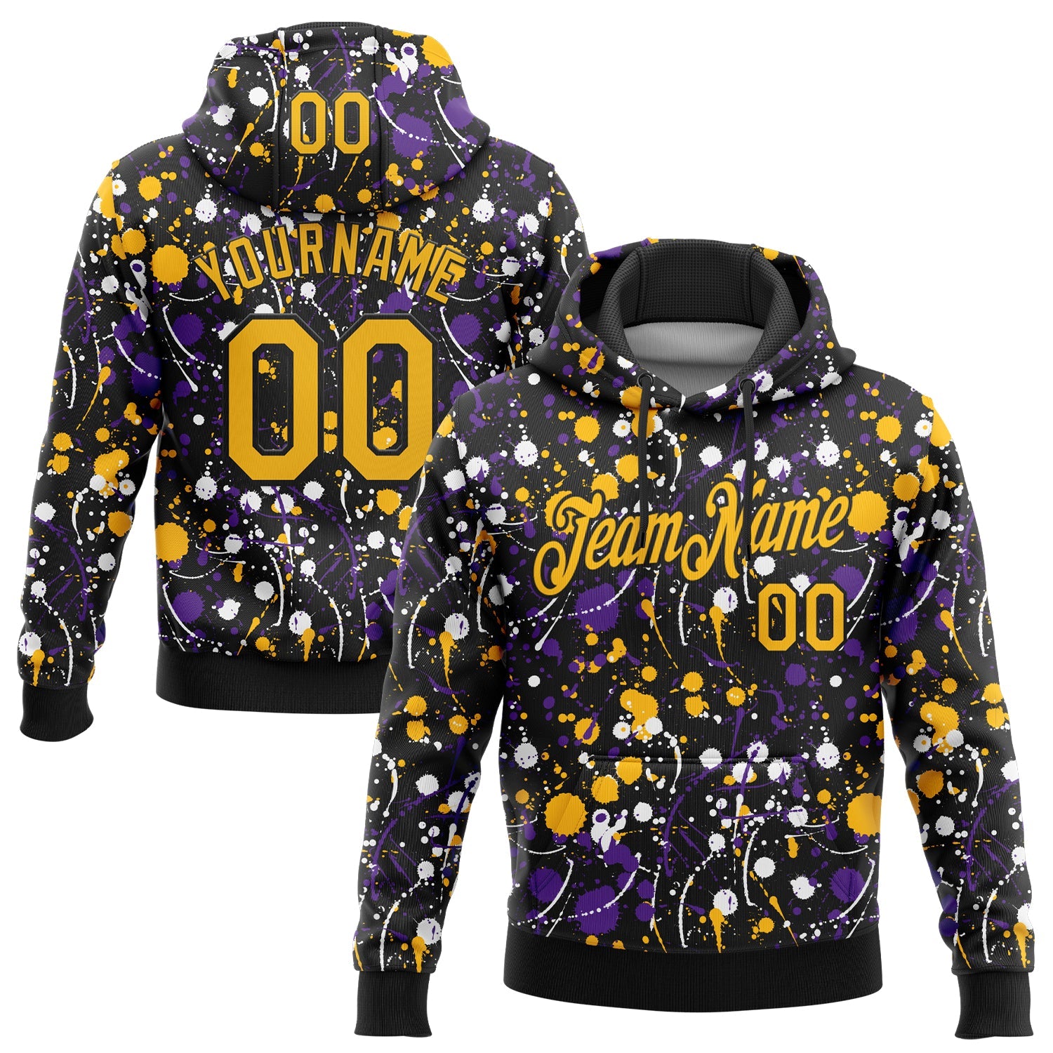 Custom Stitched Graffiti Pattern Gold-Black 3D Splash Grunge Art Sports Pullover Sweatshirt Hoodie - Main View