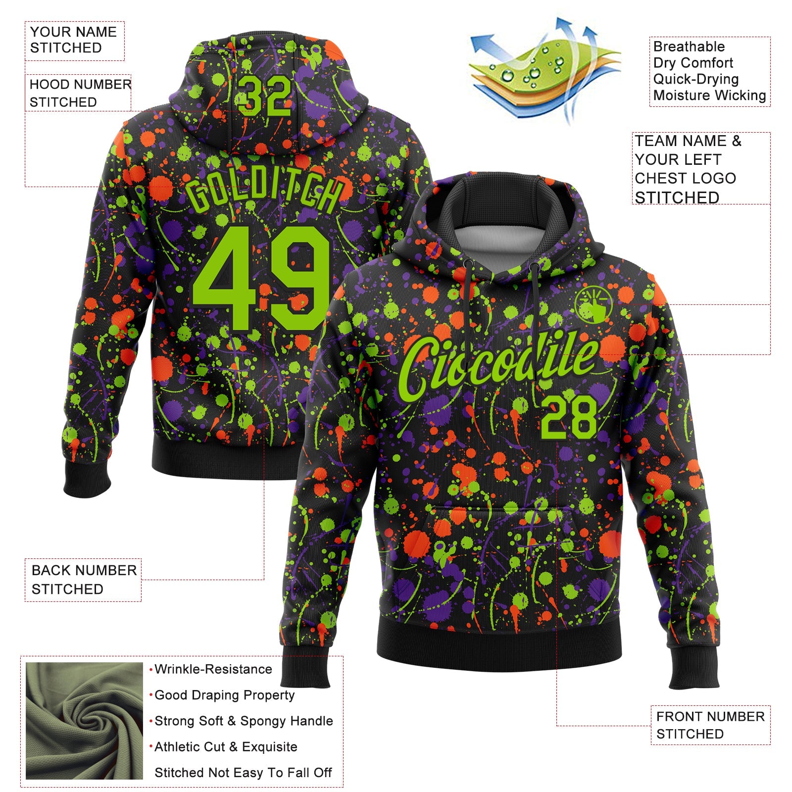 Custom Stitched Graffiti Pattern Neon Green-Black 3D Splash Grunge Art Sports Pullover Sweatshirt Hoodie view 2