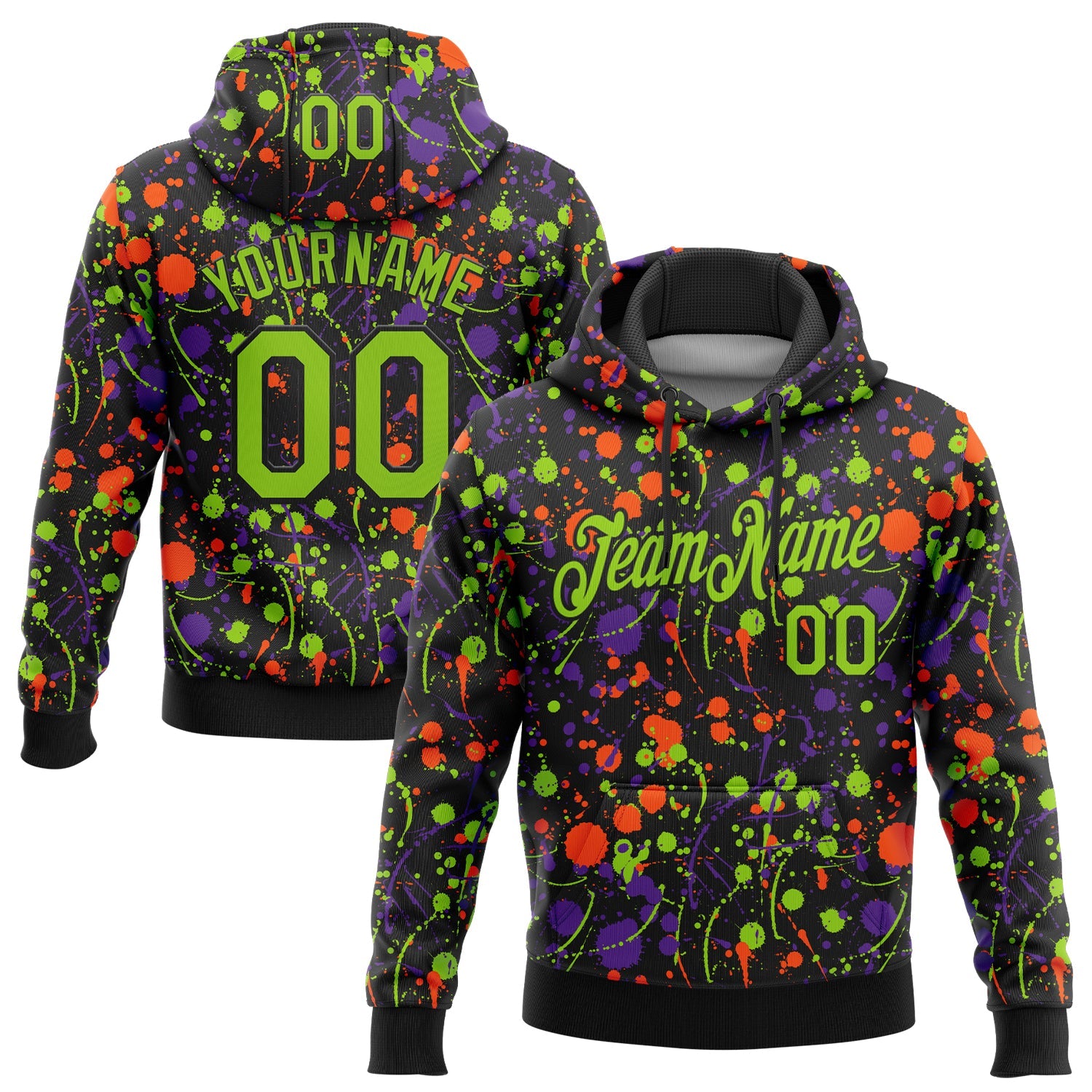 Custom Stitched Graffiti Pattern Neon Green-Black 3D Splash Grunge Art Sports Pullover Sweatshirt Hoodie - Main View