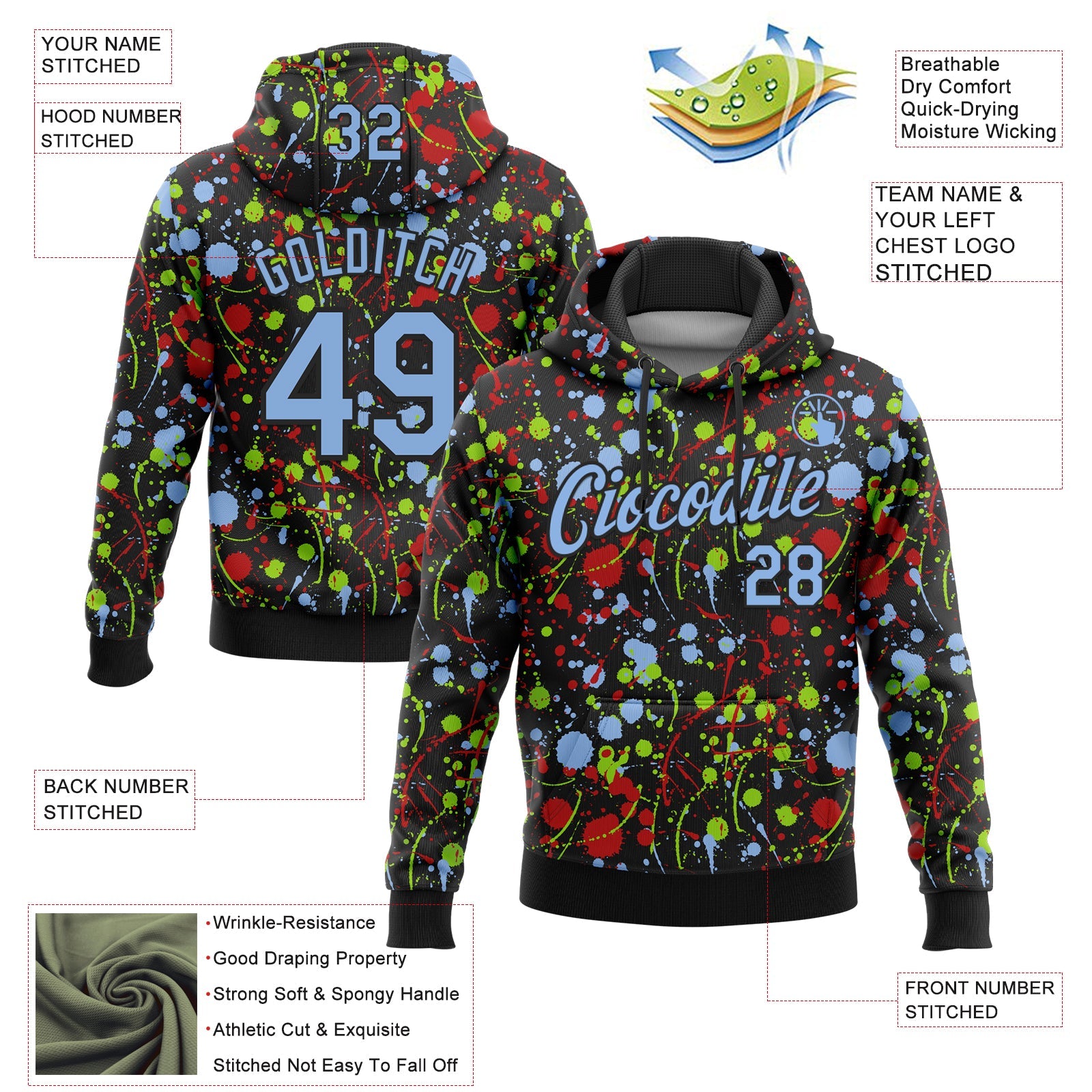 Custom Stitched Graffiti Pattern Light Blue-Black 3D Splash Grunge Art Sports Pullover Sweatshirt Hoodie view 2