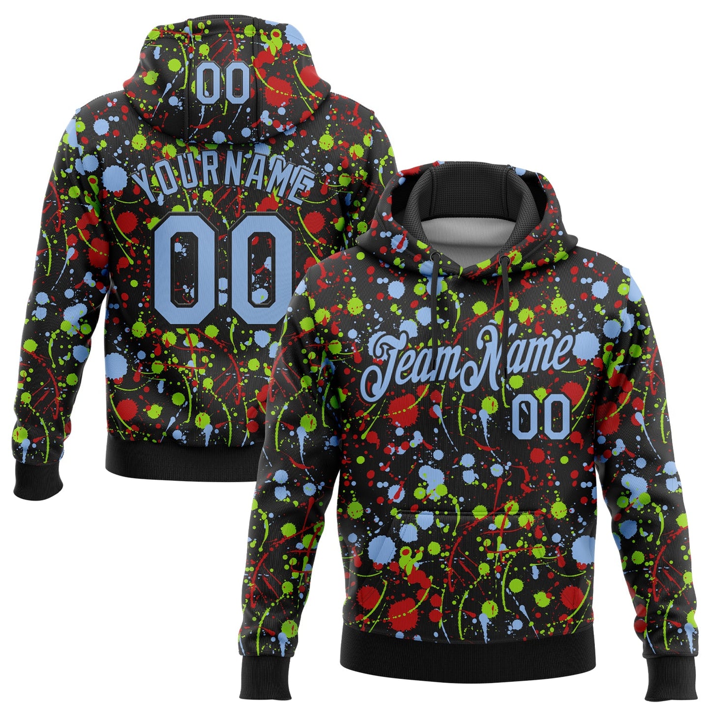 Custom Stitched Graffiti Pattern Light Blue-Black 3D Splash Grunge Art Sports Pullover Sweatshirt Hoodie - Main View