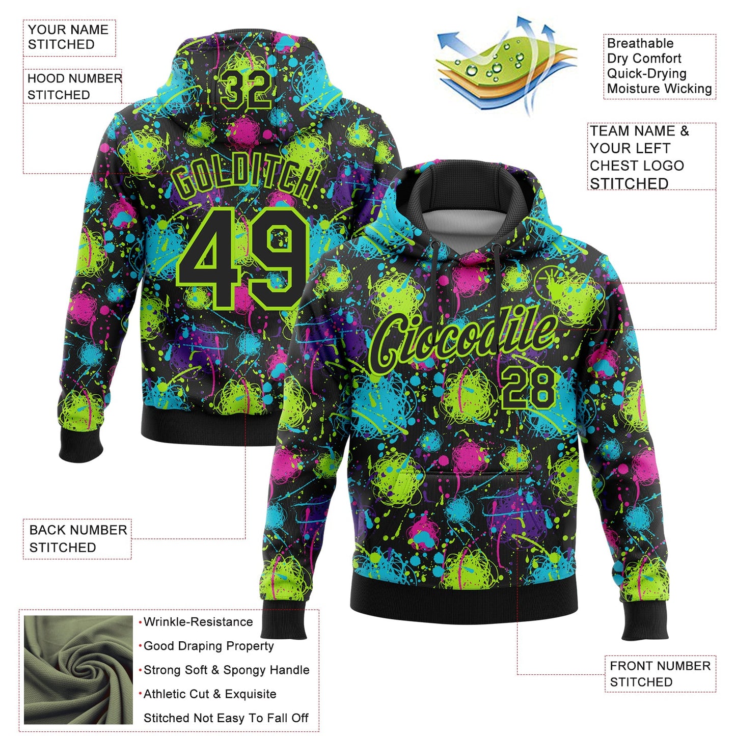 Custom Stitched Graffiti Pattern Black-Neon Green 3D Splash Grunge Art Sports Pullover Sweatshirt Hoodie view 2