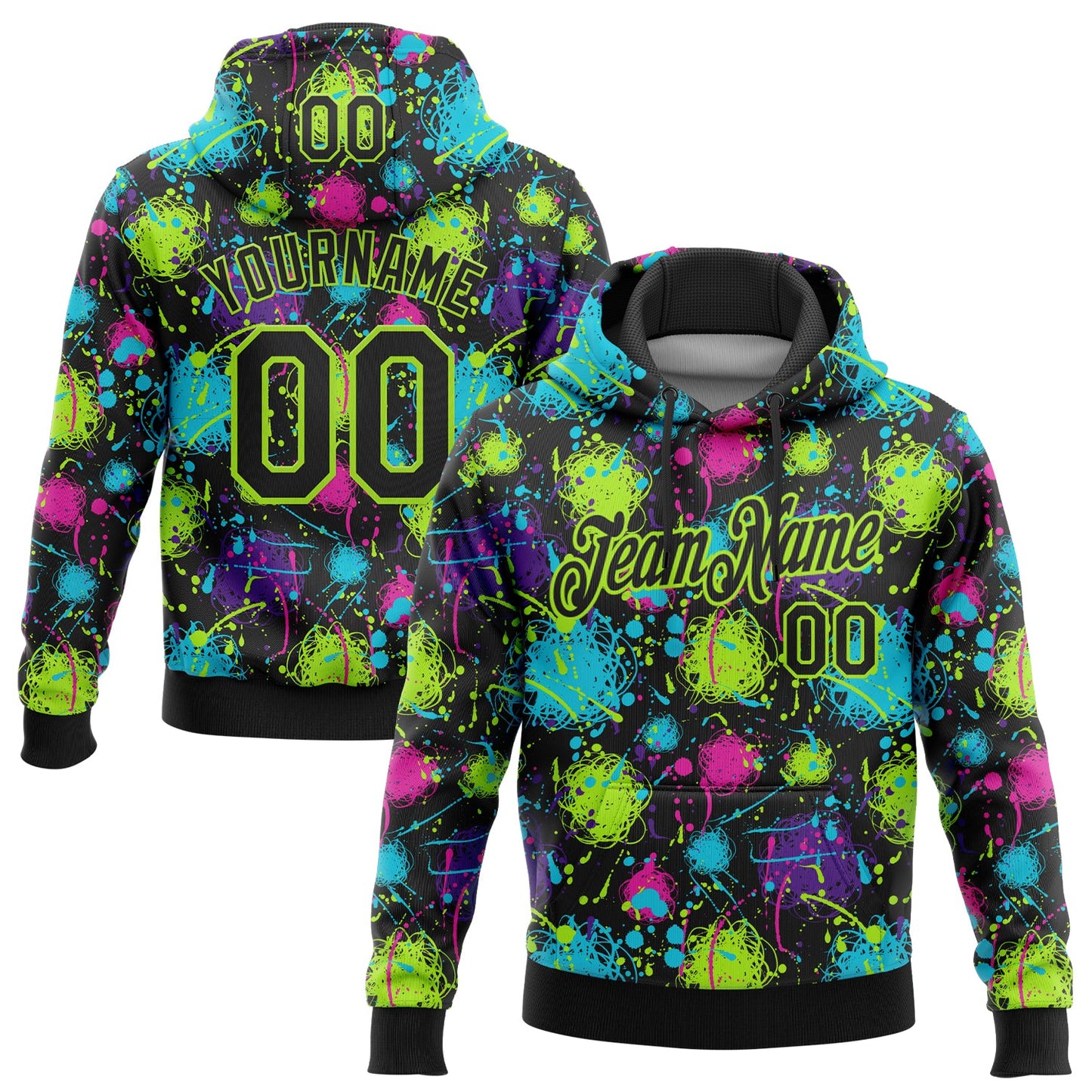 Custom Stitched Graffiti Pattern Black-Neon Green 3D Splash Grunge Art Sports Pullover Sweatshirt Hoodie - Main View