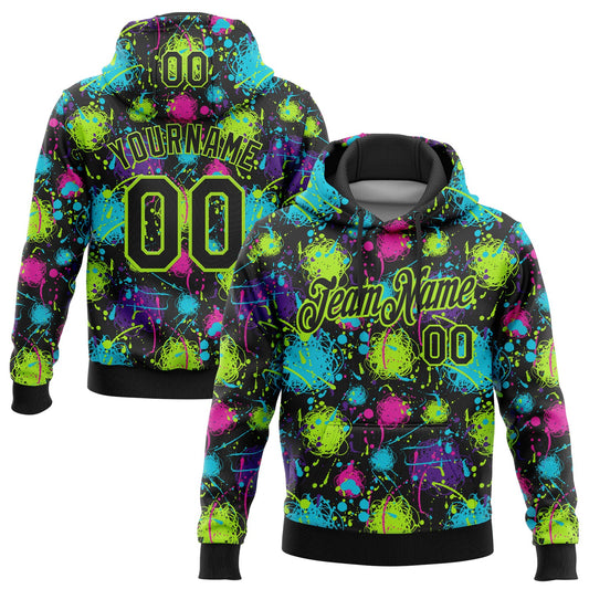 Custom Stitched Graffiti Pattern Black-Neon Green 3D Splash Grunge Art Sports Pullover Sweatshirt Hoodie - Main View