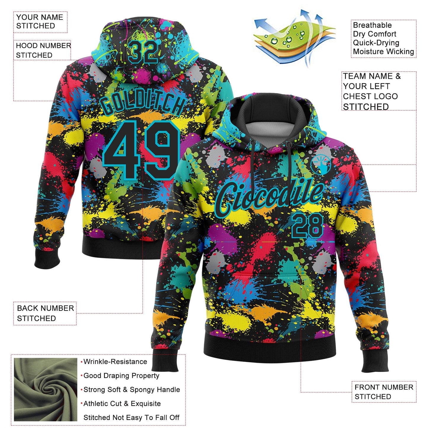 Custom Stitched Graffiti Pattern Black-Lakes Blue 3D Splash Grunge Art Sports Pullover Sweatshirt Hoodie view 2