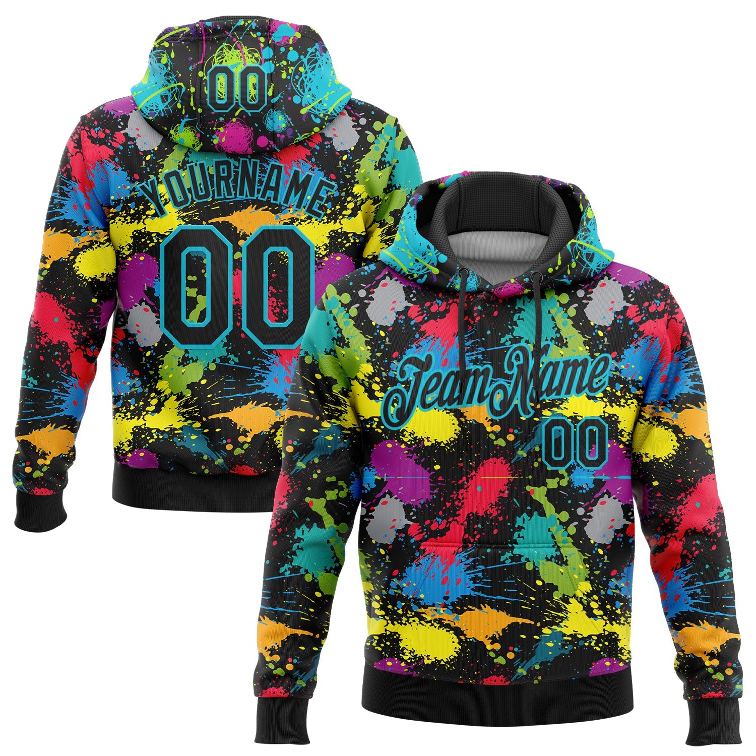 Custom Stitched Graffiti Pattern Black-Lakes Blue 3D Splash Grunge Art Sports Pullover Sweatshirt Hoodie - Main View