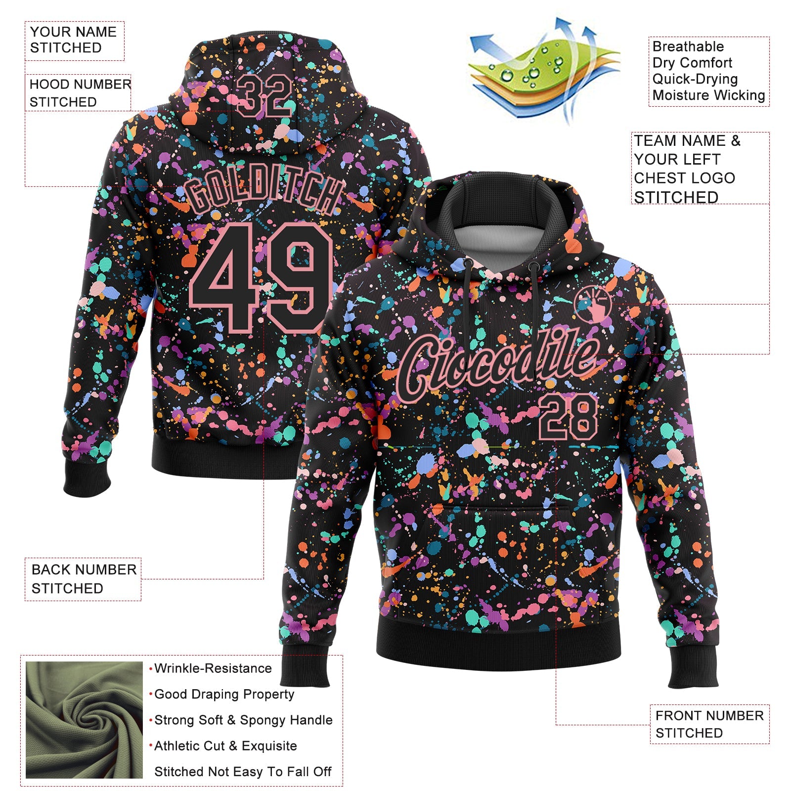 Custom Stitched Graffiti Pattern Black-Medium Pink 3D Splash Grunge Art Sports Pullover Sweatshirt Hoodie view 2