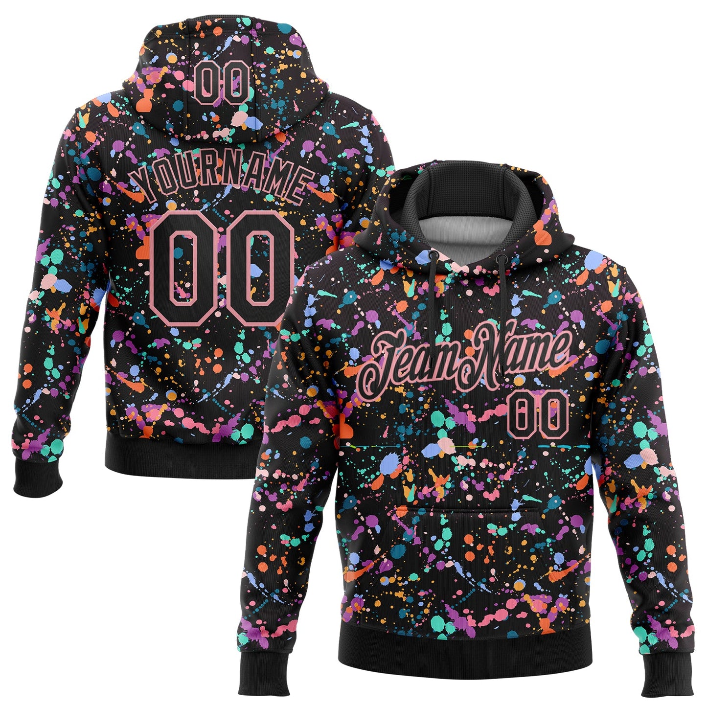 Custom Stitched Graffiti Pattern Black-Medium Pink 3D Splash Grunge Art Sports Pullover Sweatshirt Hoodie - Main View