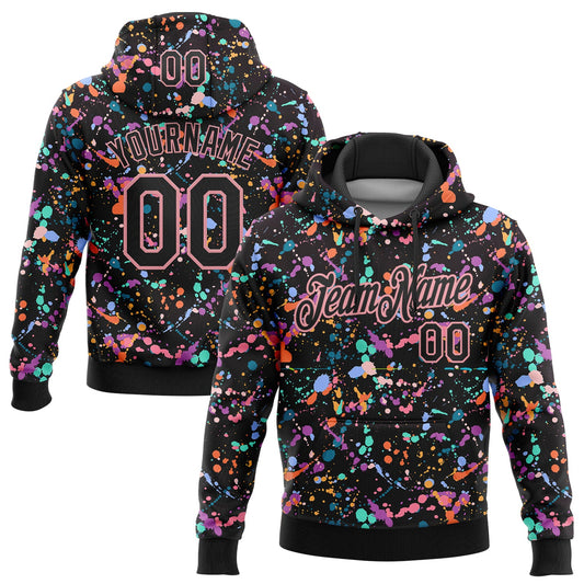 Custom Stitched Graffiti Pattern Black-Medium Pink 3D Splash Grunge Art Sports Pullover Sweatshirt Hoodie - Main View